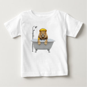 Funny Lion in a Bubble Bath with Yellow Shower Cap Baby T-Shirt