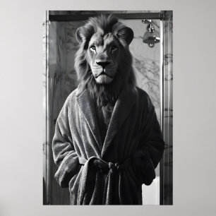 Funny Lion in Bathrobe Print, Quirky Bathroom Poster