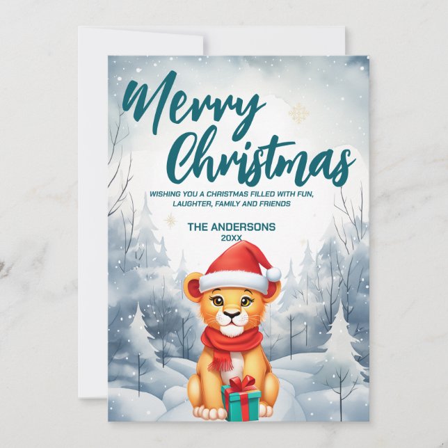 Funny Lion Merry Xmas tree snow Holiday party Card (Front)