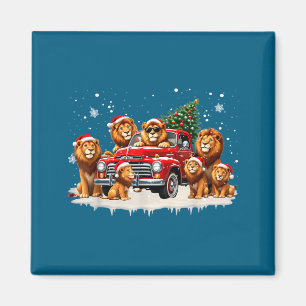 Funny Lion Riding Christmas Tree Truck Christmas  Magnet