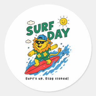 Funny Lion Surfing Summer Vacation Surf Day Boys G Classic Round Sticker