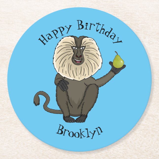 Funny lion tailed macaque monkey cartoon round paper coaster (Front)