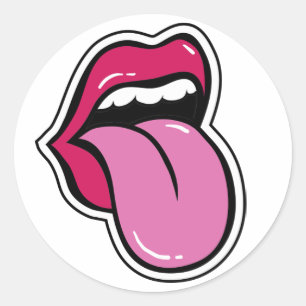 Funny lips are pink. Mouth shows tongue. Pop Art Classic Round Sticker