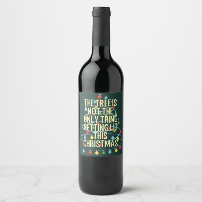 Funny Lit Christmas Tree Wine Label (Front)