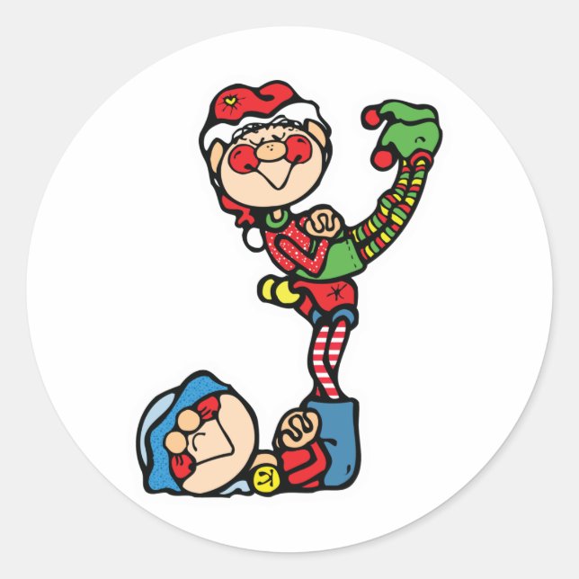 funny little christmas elves classic round sticker (Front)