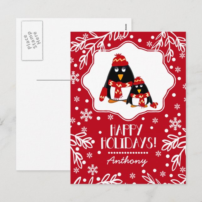  Funny Little Penguins | Custom Name Christmas Holiday Postcard (Front/Back)