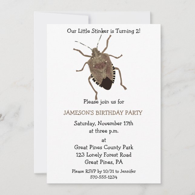 Funny Little Stinker Brown Stink Bug Birthday Invitation (Front)