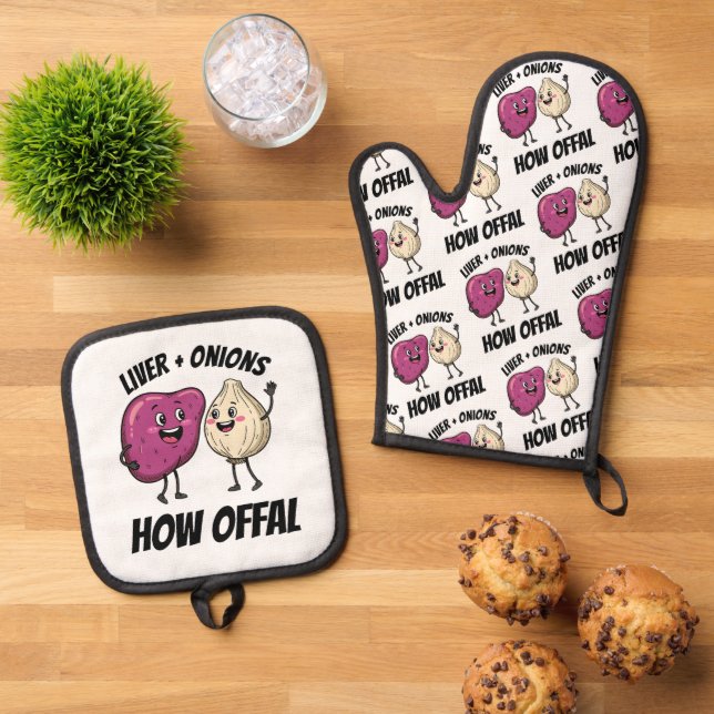 Funny Liver + Onions How Offal Food Jokes Oven Mitt & Pot Holder Set (Top Down)