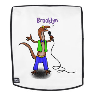 Funny lizard singing with microphone cartoon backpack