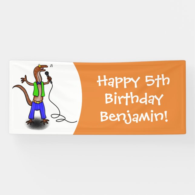 Funny lizard singing with microphone cartoon banner (Horizontal)