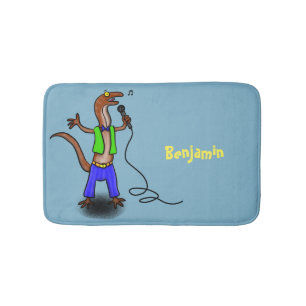 Funny lizard singing with microphone cartoon bath mat