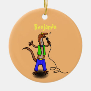 Funny lizard singing with microphone cartoon ceramic ornament