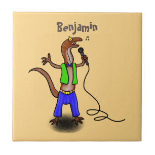 Funny lizard singing with microphone cartoon ceramic tile