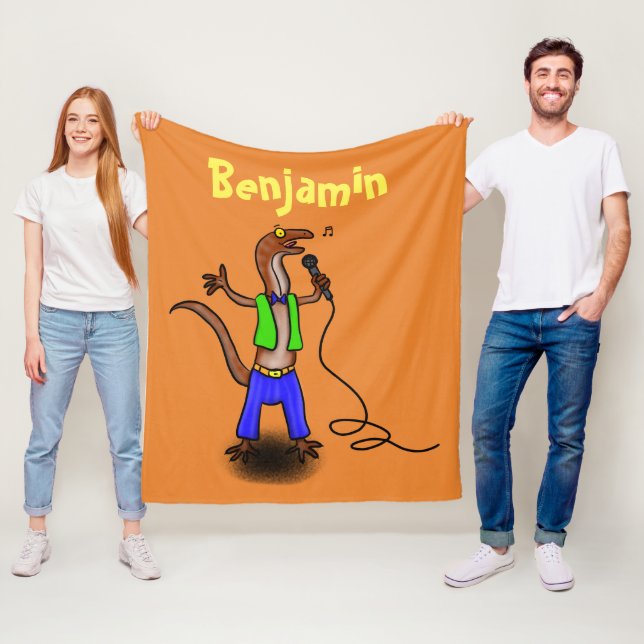 Funny lizard singing with microphone cartoon fleece blanket (In Situ)
