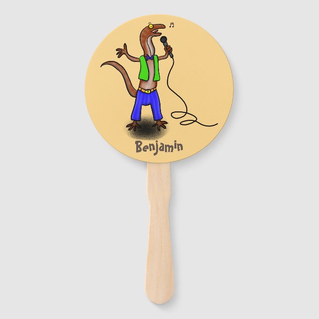 Funny lizard singing with microphone cartoon hand fan (Front)