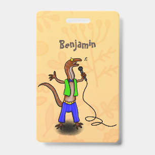 Funny lizard singing with microphone cartoon ID badge
