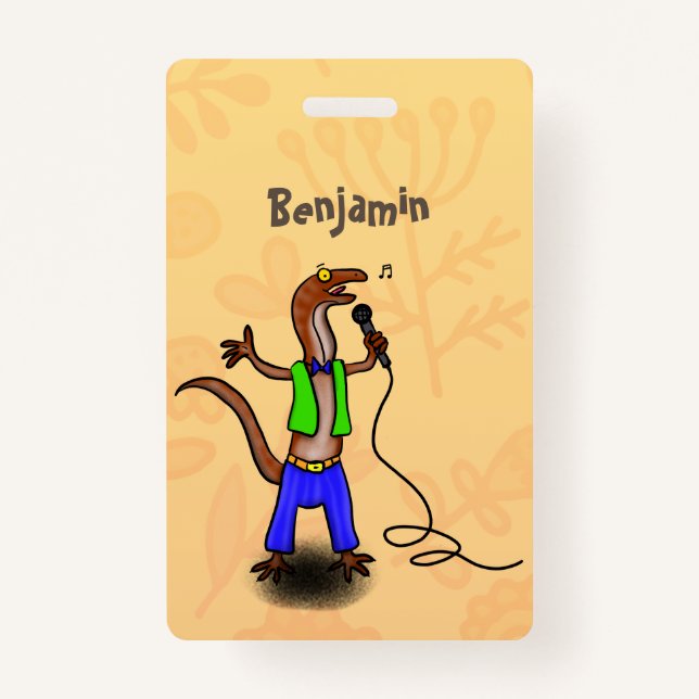 Funny lizard singing with microphone cartoon ID badge (Front)