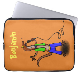 Funny lizard singing with microphone cartoon laptop sleeve