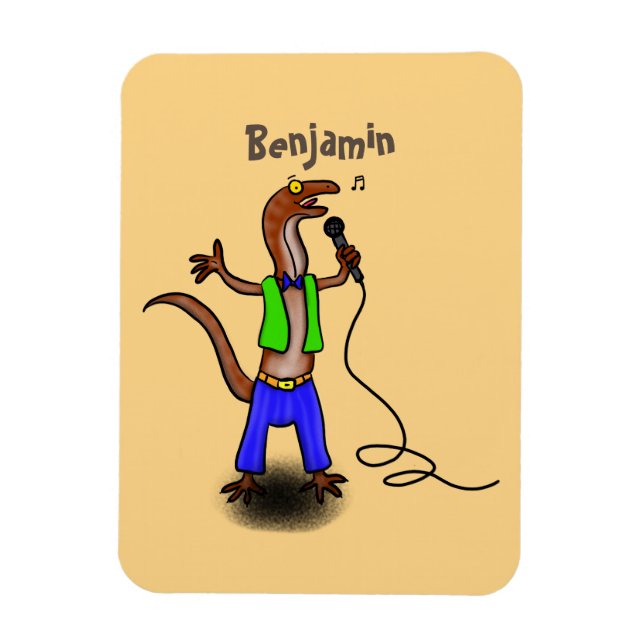 Funny lizard singing with microphone cartoon magnet (Vertical)