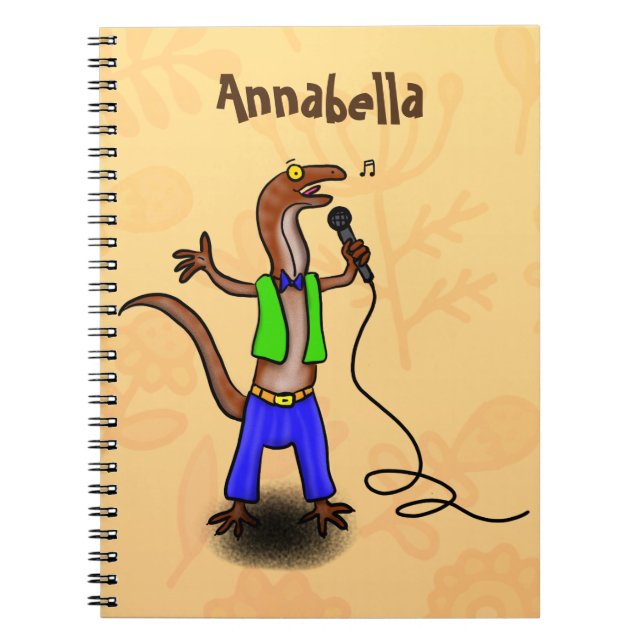 Funny lizard singing with microphone cartoon notebook (Front)