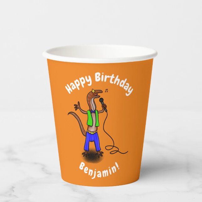 Funny lizard singing with microphone cartoon paper cups (Front)
