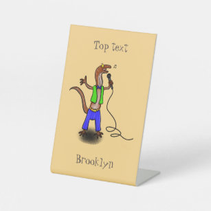 Funny lizard singing with microphone cartoon pedestal sign