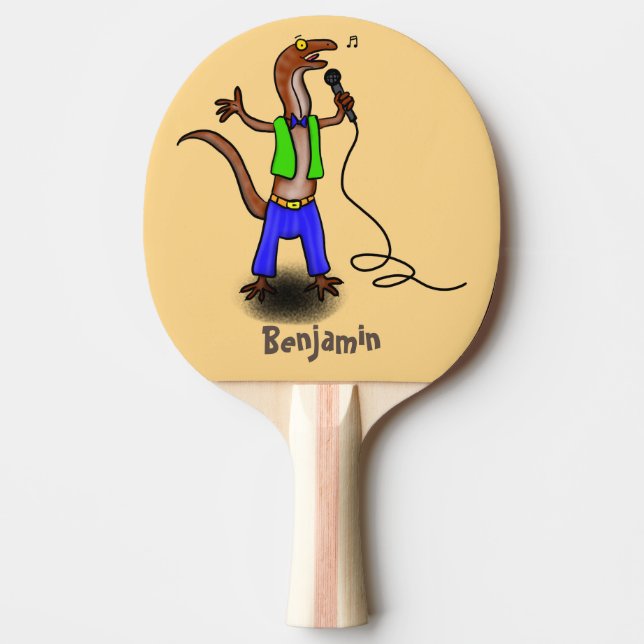 Funny lizard singing with microphone cartoon ping pong paddle (Front)