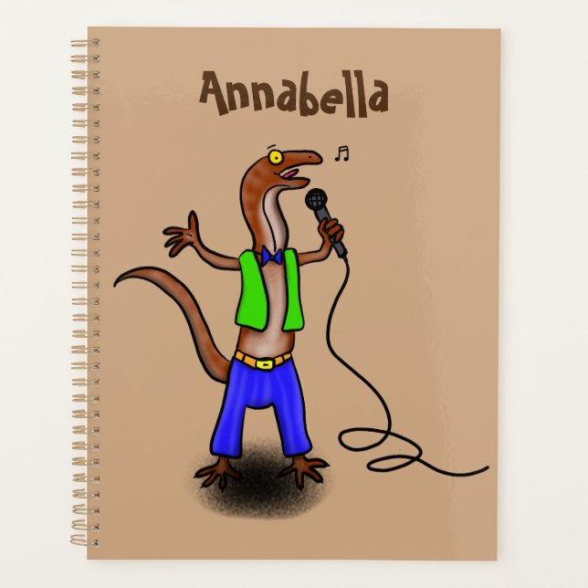 Funny lizard singing with microphone cartoon planner (Front)