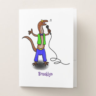 Funny lizard singing with microphone cartoon pocket folder