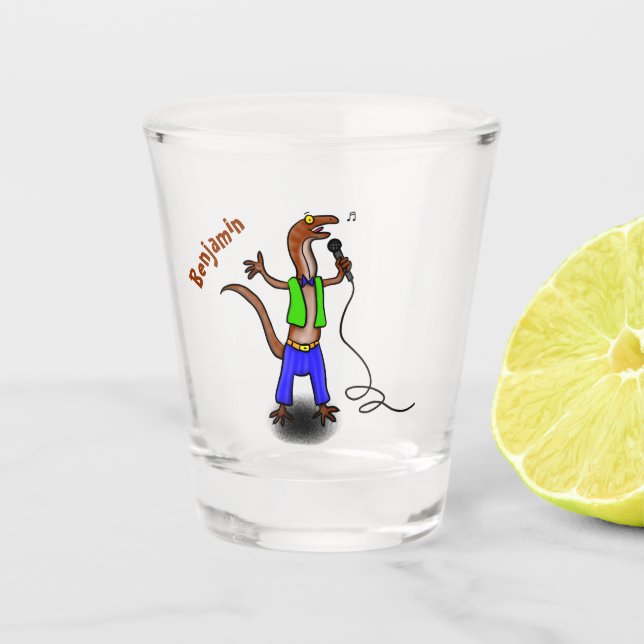 Funny lizard singing with microphone cartoon  shot glass (Front)