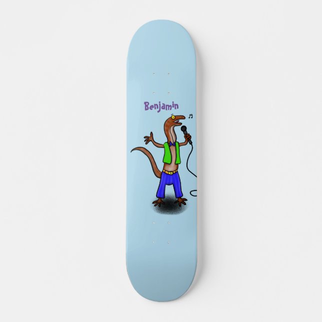 Funny lizard singing with microphone cartoon skateboard (Front)