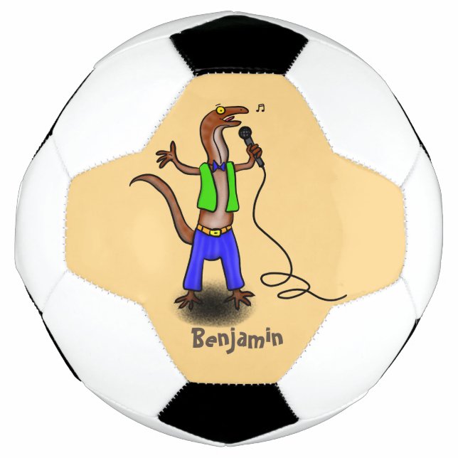 Funny lizard singing with microphone cartoon soccer ball (Front)