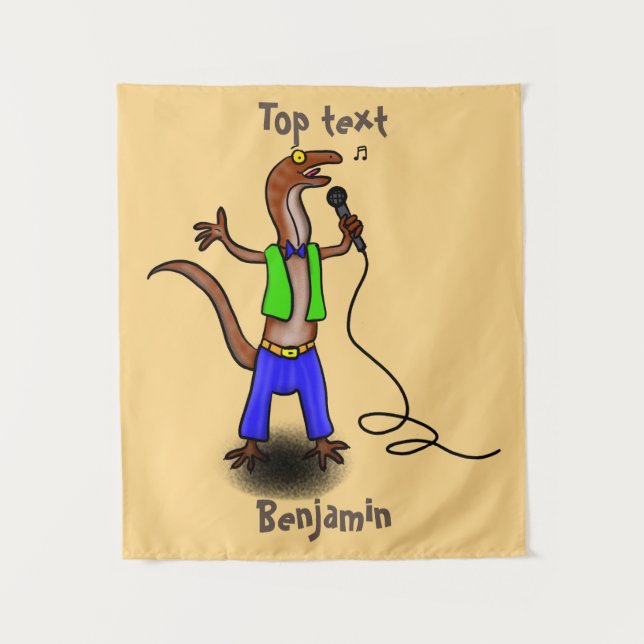 Funny lizard singing with microphone cartoon tapestry (Front)