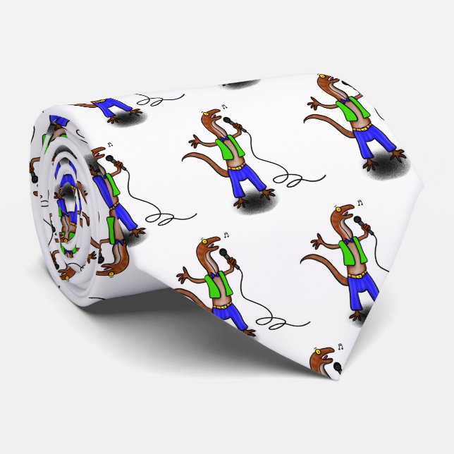 Funny lizard singing with microphone cartoon tie (Rolled)