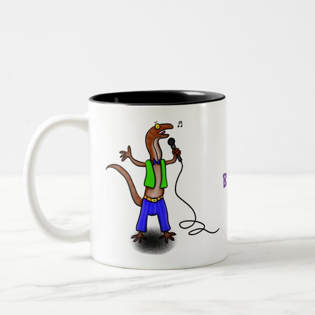 Funny lizard singing with microphone cartoon Two-Tone coffee mug (Left)