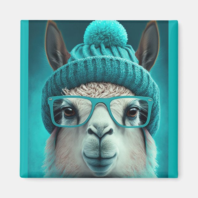 Funny Llama Alpaca Cute Animals Beanie Hat Glasses Magnet (Front)