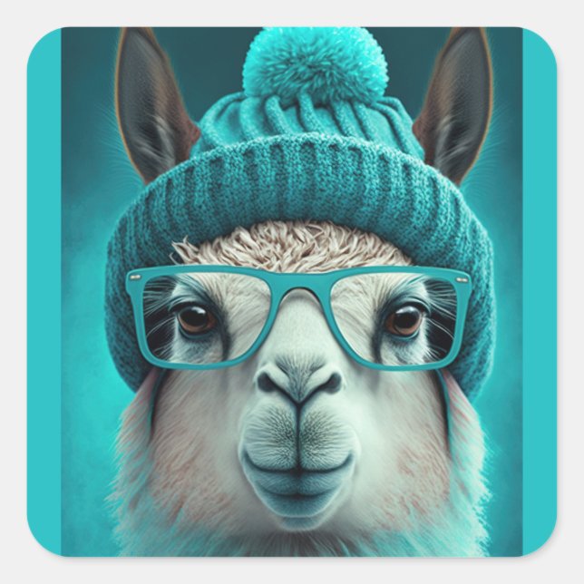 Funny Llama Alpaca Cute Animals Beanie Hat Glasses Square Sticker (Front)