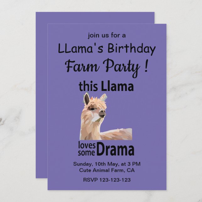 Funny Llama Animal Birthday Farm Party Invitation (Front/Back)