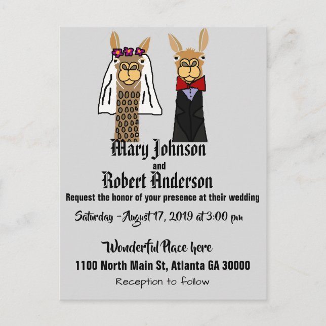 Funny Llama Bride and Groom Wedding Invitation (Front)