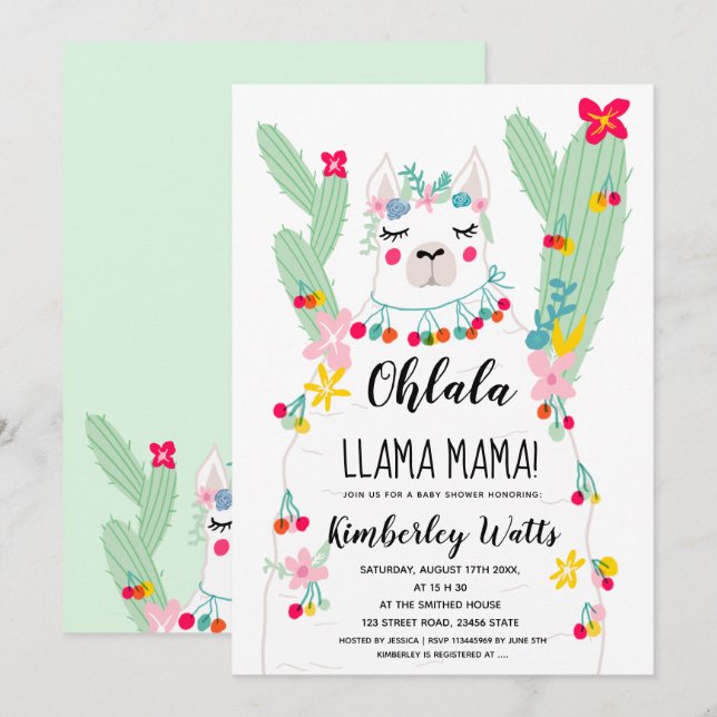 Funny llama cactus illustration fiesta baby shower invitation (Front/Back)