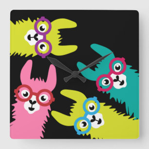 Funny Llama Colourful Camelid Square Wall Clock