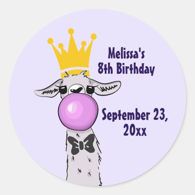 Funny Llama Illustration Blowing a Pink Bubble Classic Round Sticker (Front)
