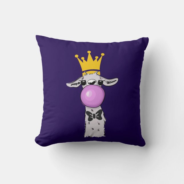 Funny Llama Illustration Blowing a Pink Bubble Cushion (Front)