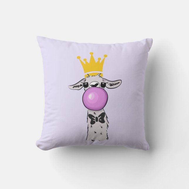 Funny Llama Illustration Blowing a Pink Bubble Cushion (Front)