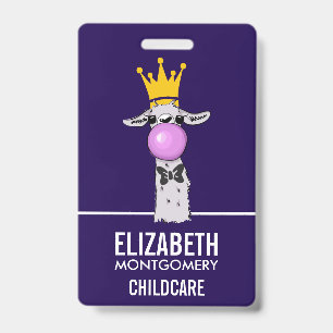 Funny Llama Illustration Blowing a Pink Bubble ID Badge