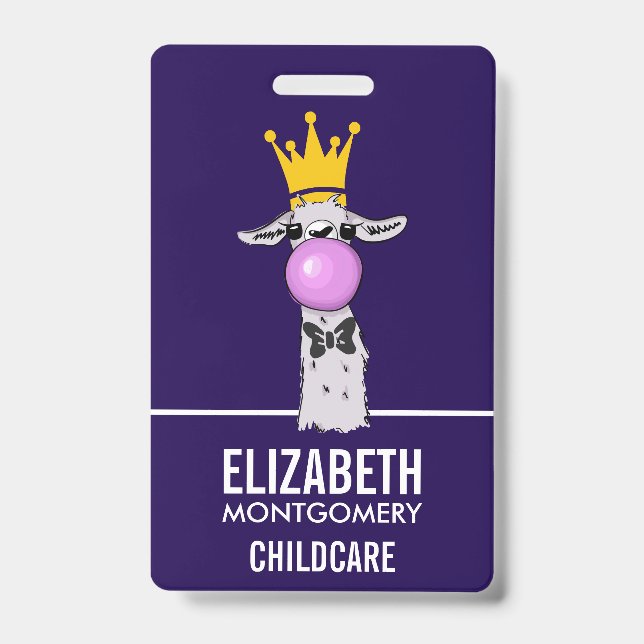 Funny Llama Illustration Blowing a Pink Bubble ID Badge (Front)