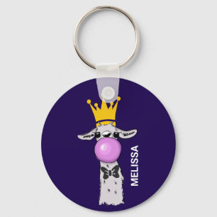 Funny Llama Illustration Blowing a Pink Bubble Key Ring