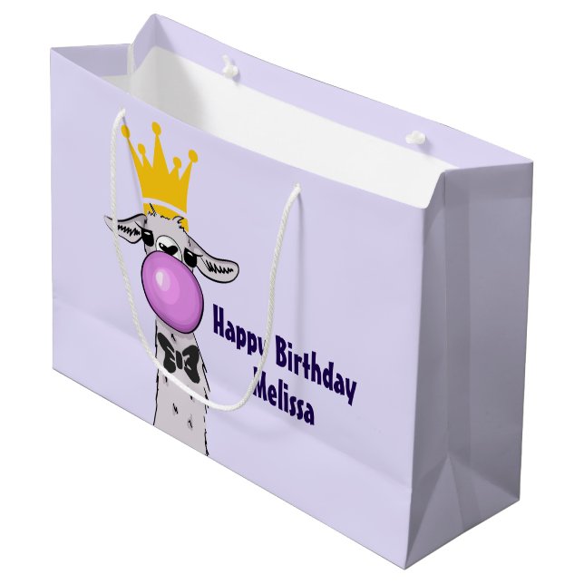 Funny Llama Illustration Blowing a Pink Bubble Large Gift Bag (Front Angled)