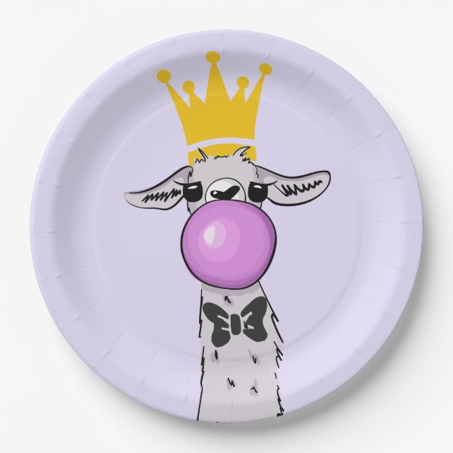 Funny Llama Illustration Blowing a Pink Bubble Paper Plate (Front)
