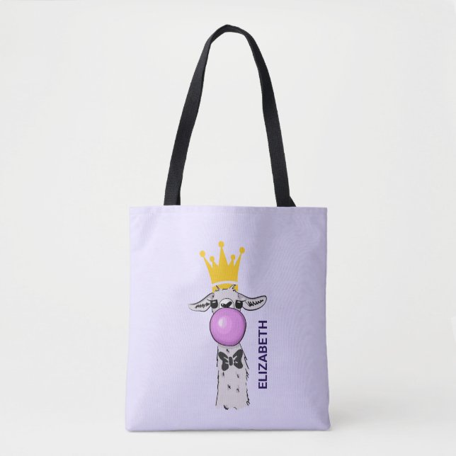 Funny Llama Illustration Blowing a Pink Bubble Tote Bag (Front)